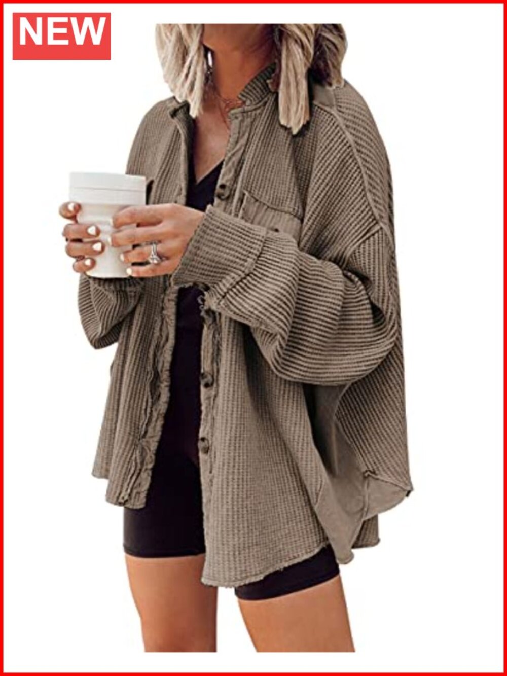 Waffle Knit Button Down Shacket Oversized Batwing Sleeve Long Sleeve Lightweight